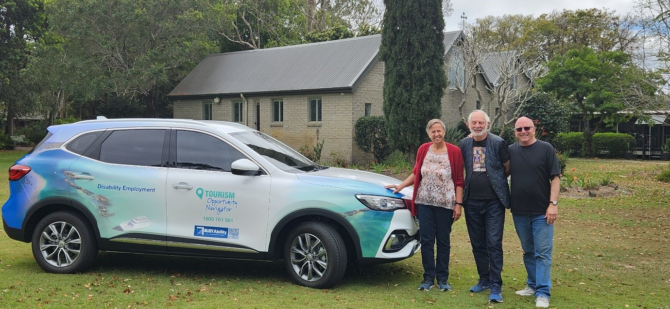 Edith Cuffe – Abbey CEO (far left), Michael Strong – Curator (Middle) and Paul Garcia – Sponsorship and Partnerships Manager (Far Right) stand outside the beautiful Abbey Museum.